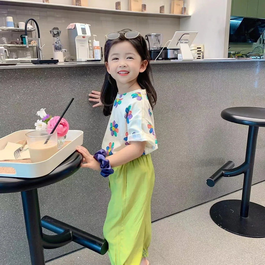 1pcs Summer Kids Flower Print Tops Clothes Girls Korean Style Shirt Children Short Sleeve T-shirts Child Casual Comfort T Shirs