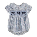 0-18M Infant Baby Girls Bowknot Embroidered Rompers Lovely Floral Print Doll Collar Short Sleeve Bubble Jumpsuits for Newborn