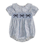 0-18M Infant Baby Girls Bowknot Embroidered Rompers Lovely Floral Print Doll Collar Short Sleeve Bubble Jumpsuits for Newborn