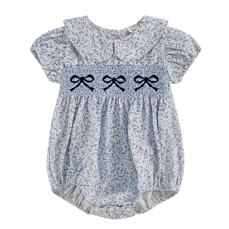 0-18M Infant Baby Girls Bowknot Embroidered Rompers Lovely Floral Print Doll Collar Short Sleeve Bubble Jumpsuits for Newborn