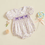 0-18M Infant Baby Girls Bowknot Embroidered Rompers Lovely Floral Print Doll Collar Short Sleeve Bubble Jumpsuits for Newborn