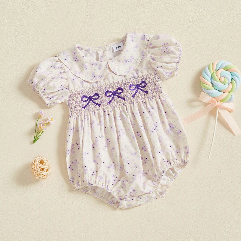0-18M Infant Baby Girls Bowknot Embroidered Rompers Lovely Floral Print Doll Collar Short Sleeve Bubble Jumpsuits for Newborn