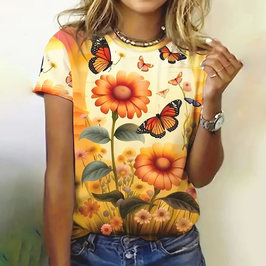Women's T Shirt Flower Graphic Print Casual Short Sleeve Female Crew Neck T-Shirts Summer  Street Fashion Tops Outdoor Clothes