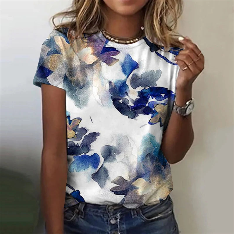 Women's T-Shirts Flowers Fashion Print O Neck Short Sleeve Tees O-Neck Personality Women Summer Harajuku Loose Female Clothing