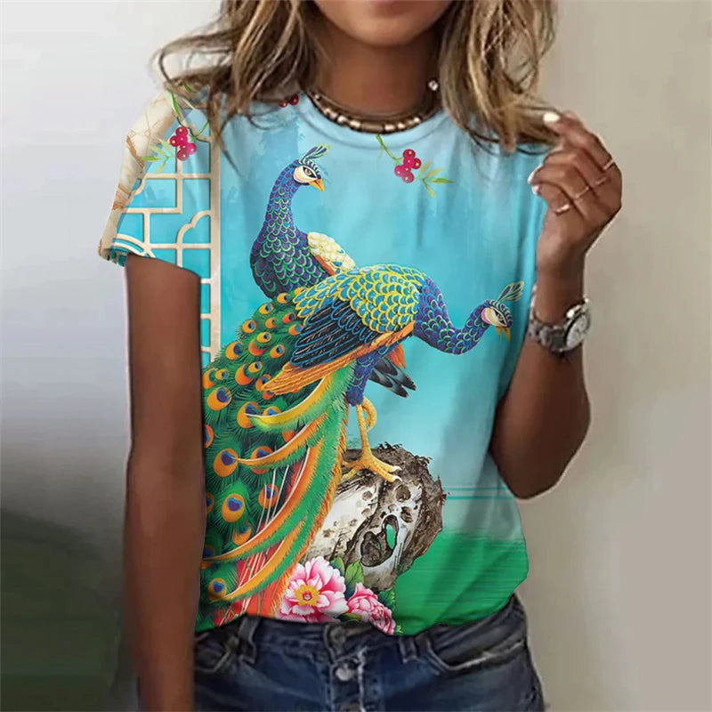 Fashion Women's T-shirt With Cute Peacock Graphic 3D Printed Short Sleeve Summer T-shirts Oversized Loose Women's Clothing