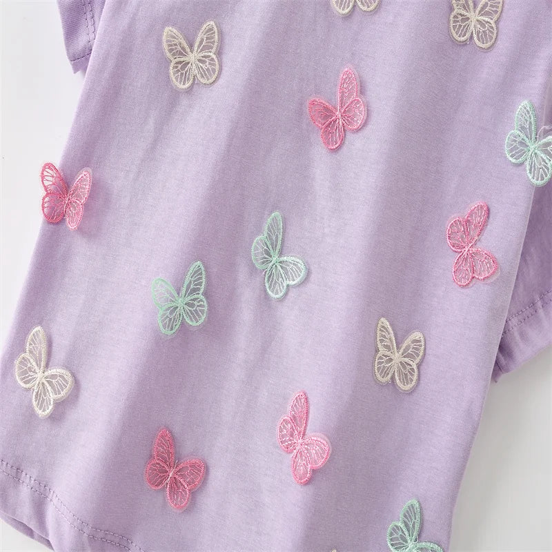 Jumping Meters 3-8T Animals Summer Girls Tshirts Butterflies Applique Short Sleeve Baby Clothes Embroidery Children's Tees