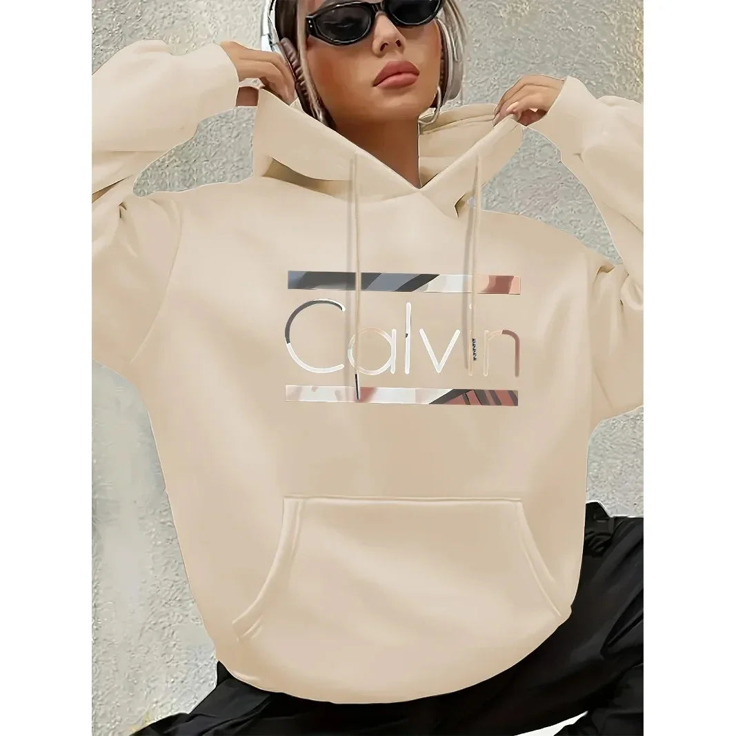 Street Style Calvin Hoodie Women's Plus Size _Calvin_ Pattern Hoodie - Casual Long Sleeved Pullover with Pocket hoodies women