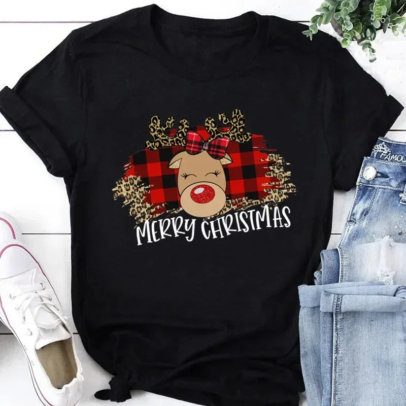 Women Tshirts Merry Christmas Tree Print Red Top Femal New Clothing Short Sleeve 90s Girls Lucky Deer T-shirts Aesthetic Clothes