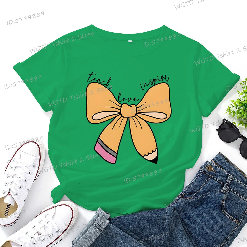 Women's Inspirational Teacher Graphic T Shirt Pencil Bow Design Short Sleeve Tee Gifts for Teacher's Day Crew Neck Classic Tops