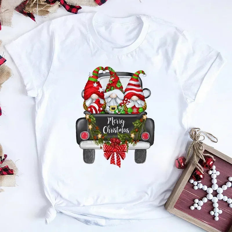 Women Tshirts Merry Christmas Tree Print Red Top Femal New Clothing Short Sleeve 90s Girls Lucky Deer T-shirts Aesthetic Clothes