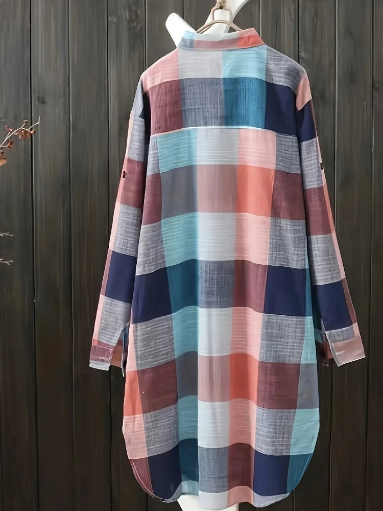 Plus Size Women's Blouses 2025 New Loose Vintage Stripe Plaid Shirt Lightweight Long Sleeve Travel Wear Elegant Top Korean Style