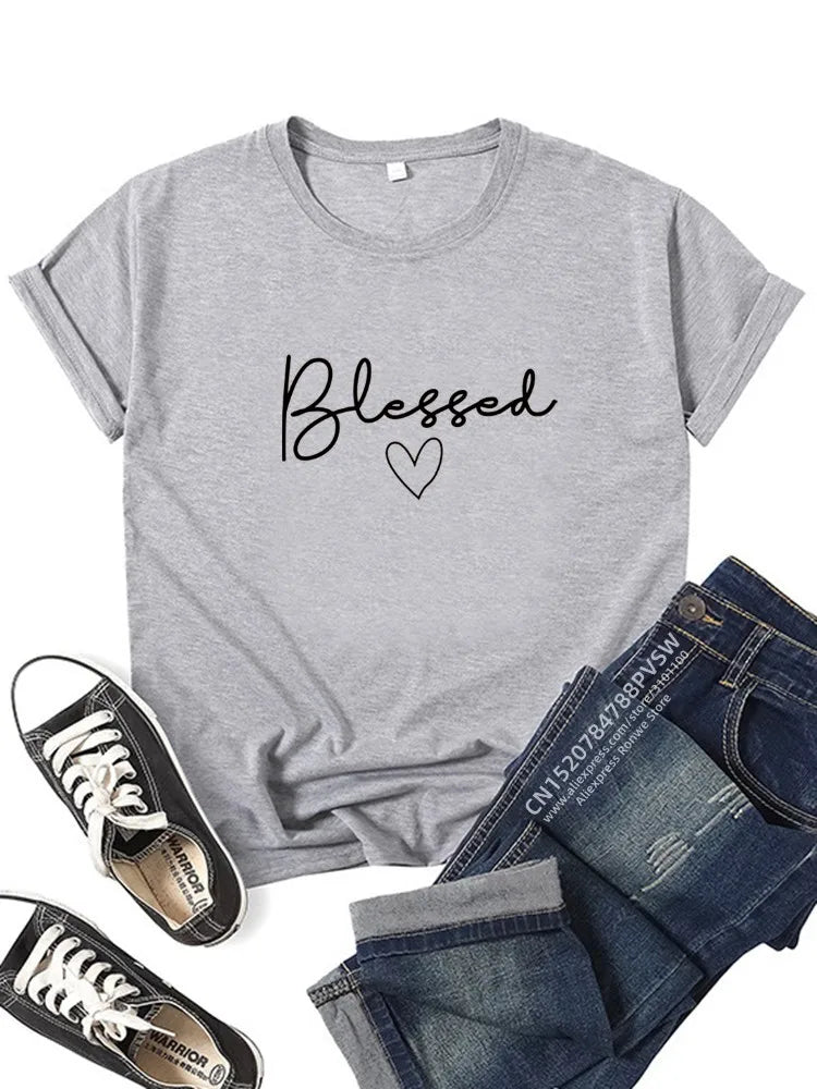 Blessed Heart Printing T-shirts Women Summer Clothes T Shirt Harajuku Graphic Tee Casual Short Sleeve Tops for Girl