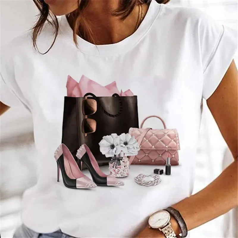 Sweet Wine Plus Size T-Shirt Women Clothing Print Girl 90s Cartoon Printing Clothes Graphic Top Lady Female Tee