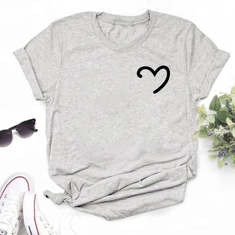 New Women T Shirt Cute Than Heart Printed T-shirt Fashion Love Heart Loose Short Sleevs Round Neck T-shirt Casual Female Tops