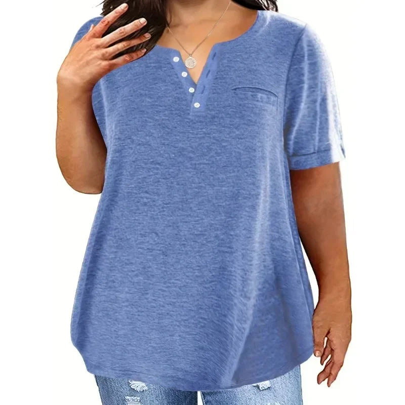Plus Size 1XL-8XL Women's Loose Tops Ladies Casual V-neck Short Sleeve Pocket T-shirt Spring and Summer New Style