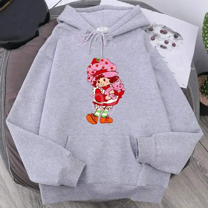 Cartoon Strawberry Women Hoodies Strawberry shortcake Hoodies Tops Long Sleeve Pockets Fashion Hooded Sweatshirts