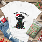 Women'S Casual Graphic T-Shirt - Meowy Christmas Print, Short Sleeve O Neck Top for Christmas Xmas T-Shirts Christmas Santa Tees