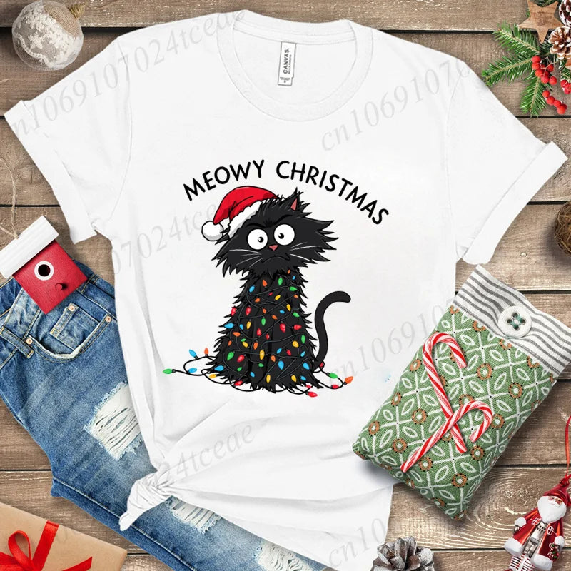 Women'S Casual Graphic T-Shirt - Meowy Christmas Print, Short Sleeve O Neck Top for Christmas Xmas T-Shirts Christmas Santa Tees