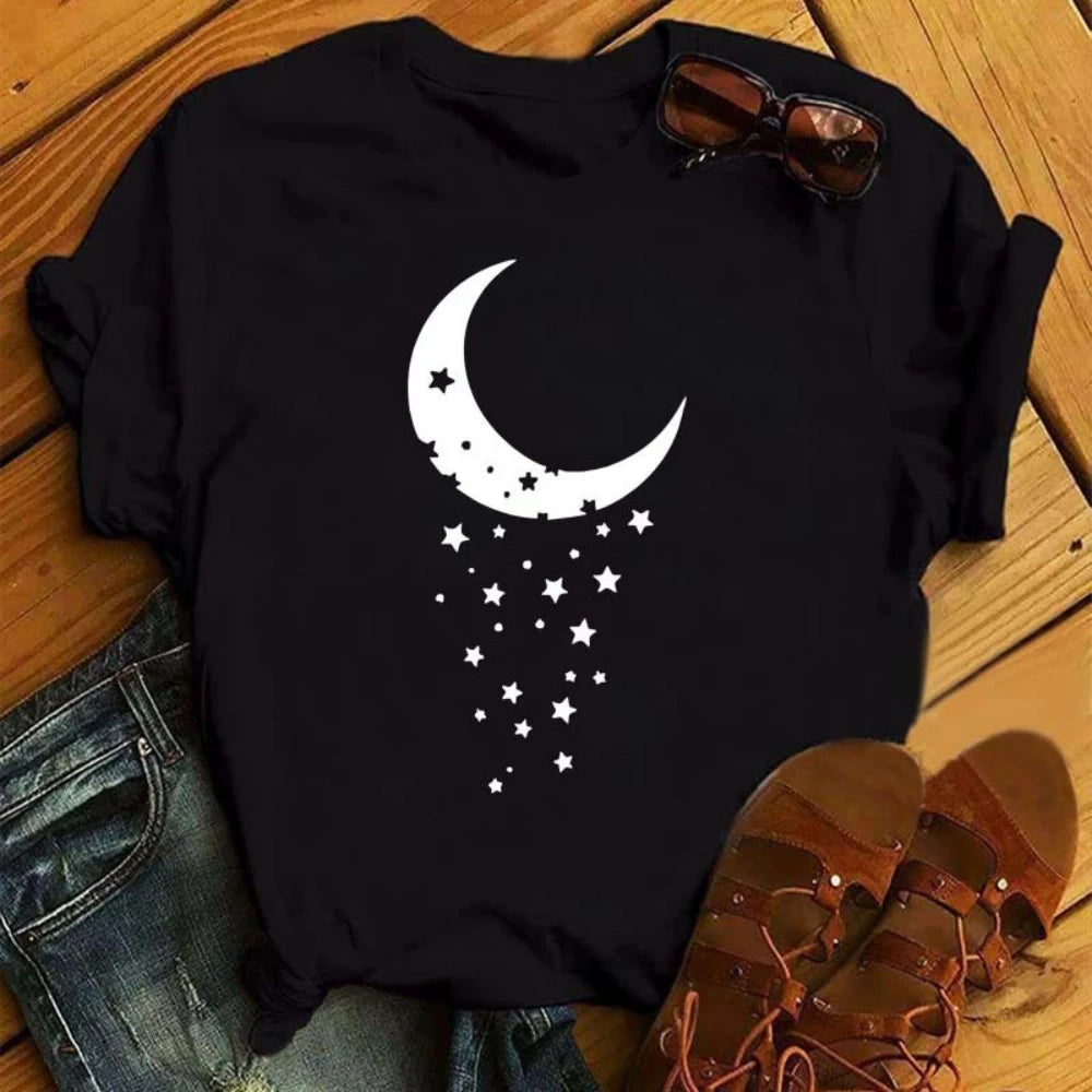 Gold and White Sun Moon Stars Print Women T Shirt Short Sleeve Women Tshirt Durable Plus-size Casual T-shirt Daily Streetwear