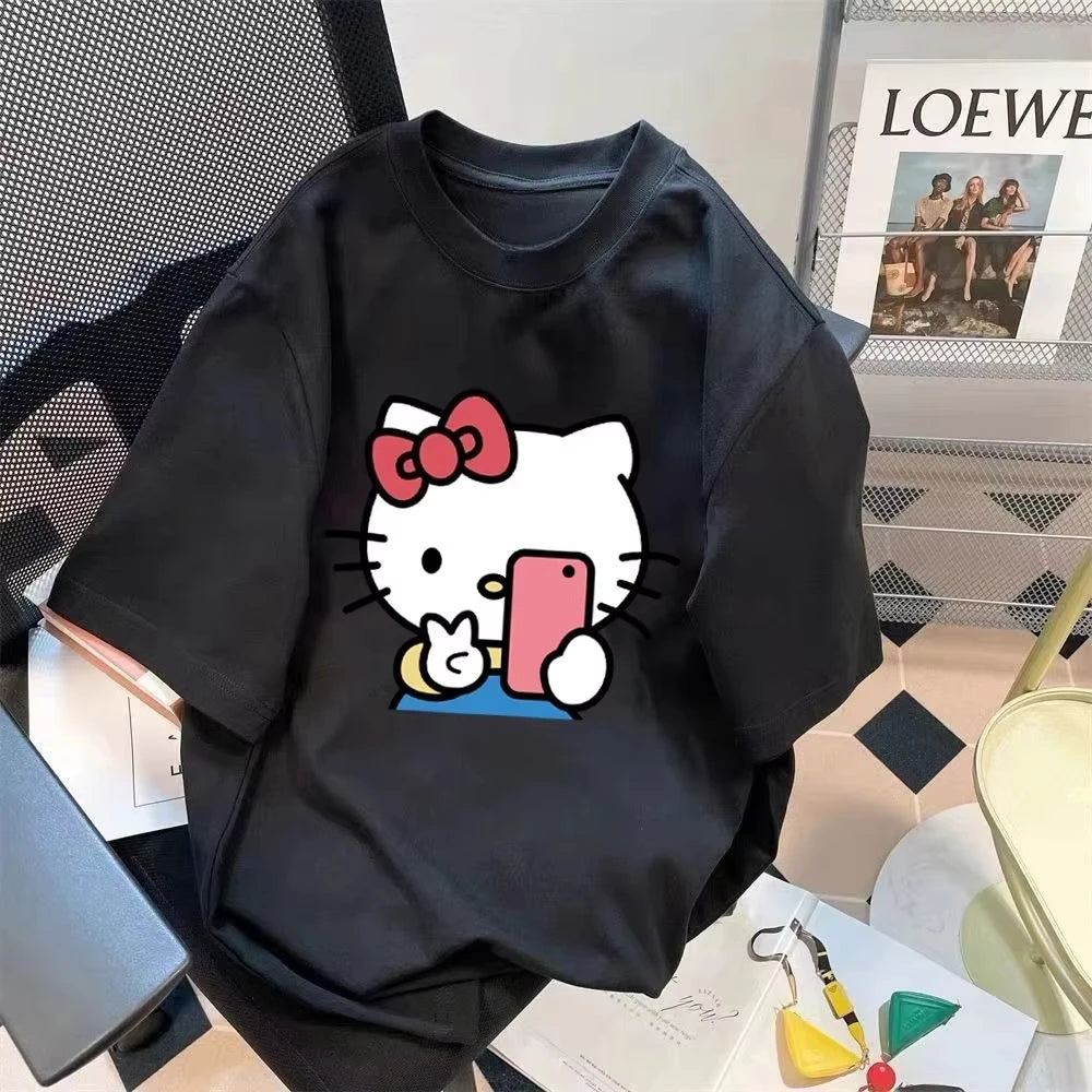 Plus Size Cute Hellokitty Design Printed T-shirts Summer Fashion High Quality Short Sleeved Casual Sports Loose Pullover Tops