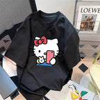 Plus Size Cute Hellokitty Design Printed T-shirts Summer Fashion High Quality Short Sleeved Casual Sports Loose Pullover Tops
