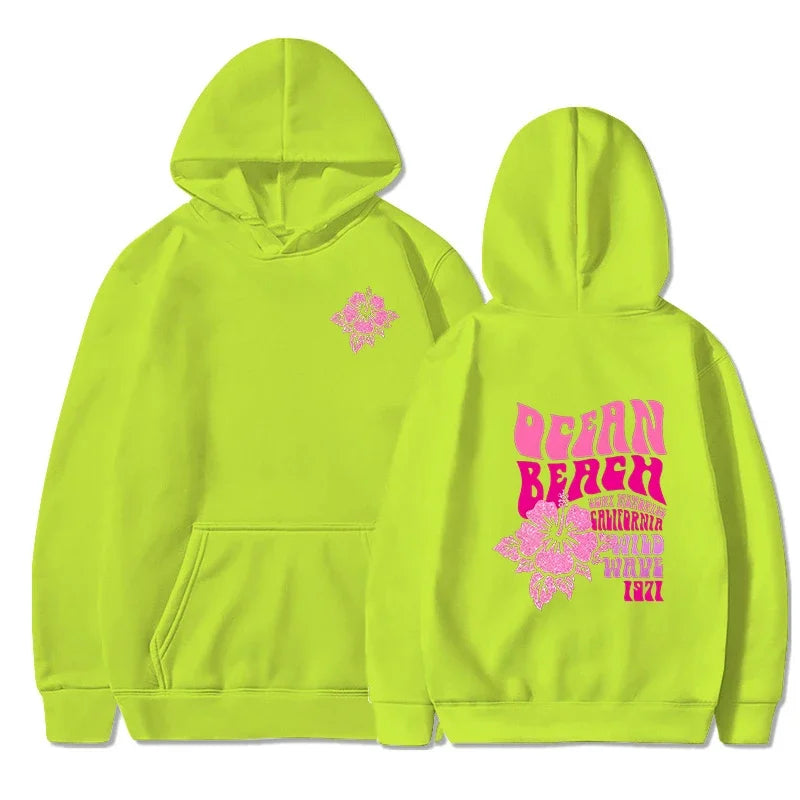 Women Fashion Casual Hoodies Ocean Beach Flower Slogan Front Back Pink Sweatshirts Beach Aesthetic Pullover Hoodie Trip Tops
