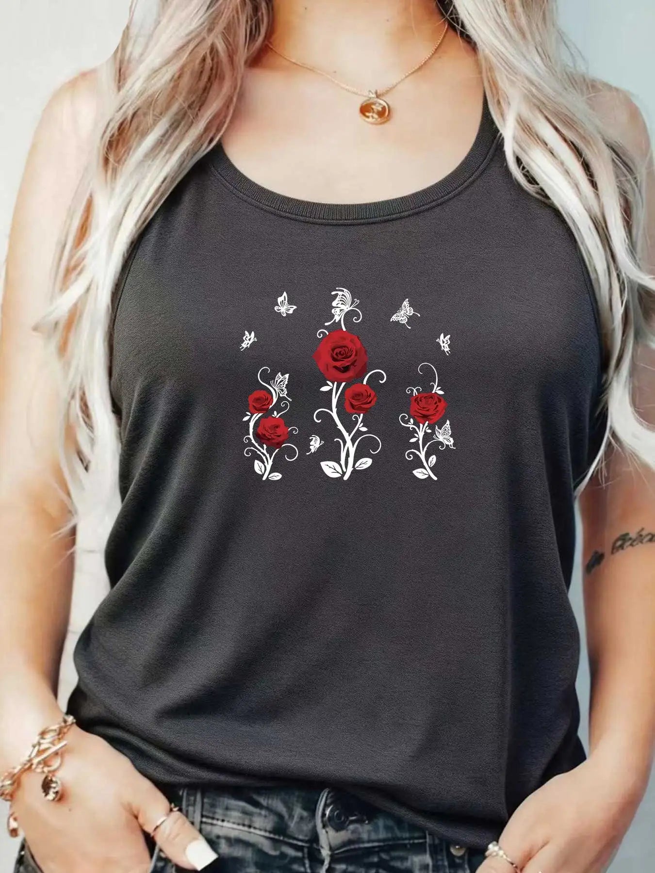 Loose Fit Printed Pocket T-Shirt for Women with Ribbed Collar round Neck 1-8XL plus Size Comfortable Casual Vest