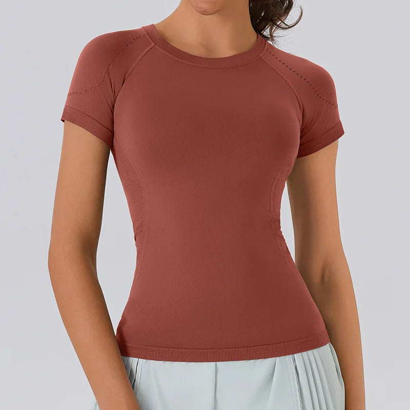 Women Yoga Shirts Sports T Shirt Summer Short Sleeve Round Neck Breathable Stretchy GYM Yoga Slim Fitness Active Top Tee