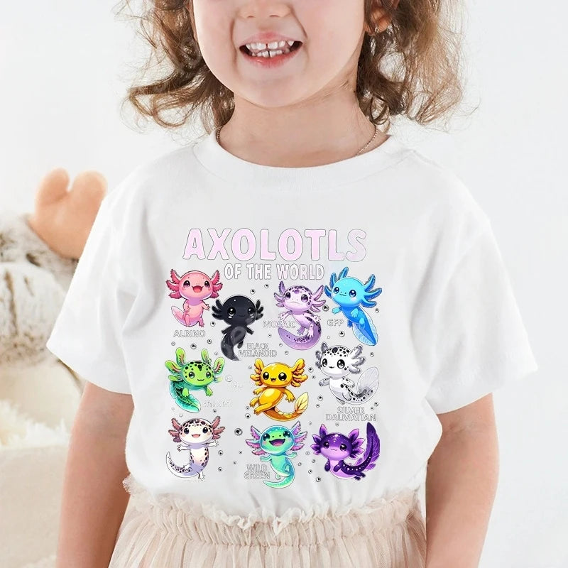 Colorful Cartoon Axolotls Graphic 3D Print T-Shirt Summer Casual Comfy Girls Clothes 2-10Y Short Sleeve T-Shirt for Children Top
