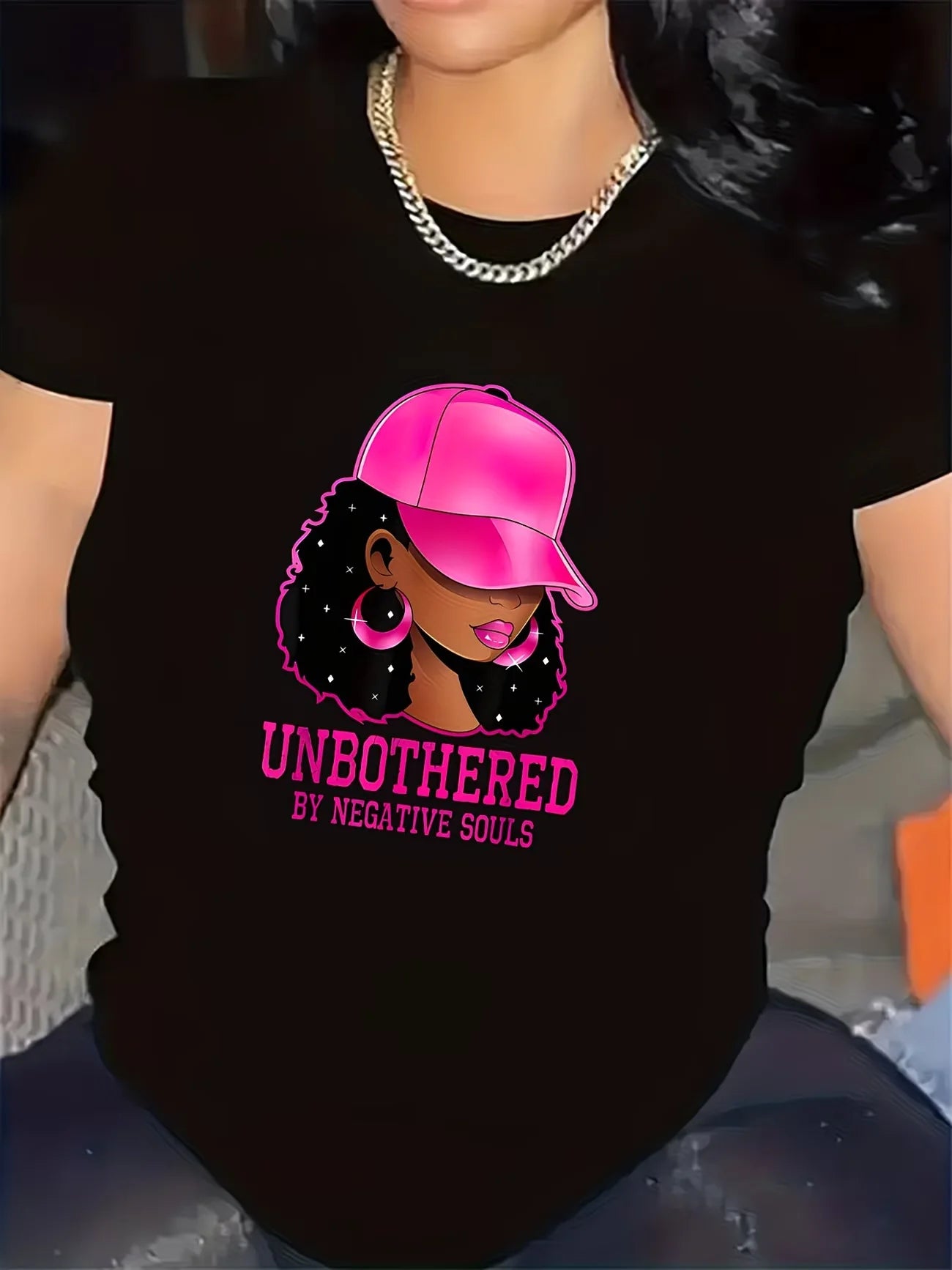 T-Shirt for Women, Unbothered Graphic Design for Casual Wear in Living Room Comfortable Fabric, Stylish Pink Cap Illustration,