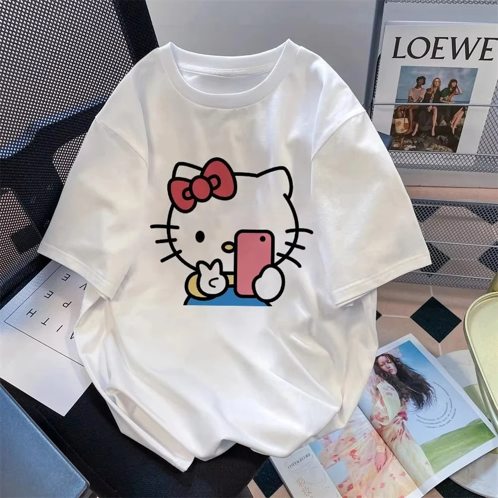 Plus Size Cute Hellokitty Design Printed T-shirts Summer Fashion High Quality Short Sleeved Casual Sports Loose Pullover Tops