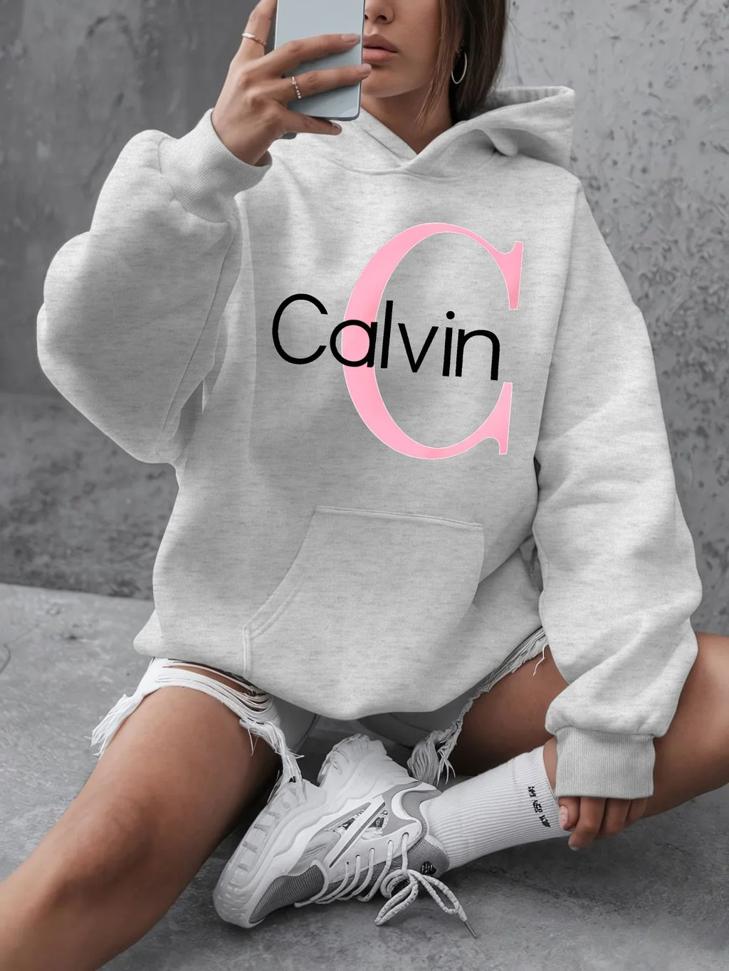 Street Style Calvin Hoodie Women's Plus Size _Calvin_ Pattern Hoodie - Casual Long Sleeved Pullover with Pocket hoodies women
