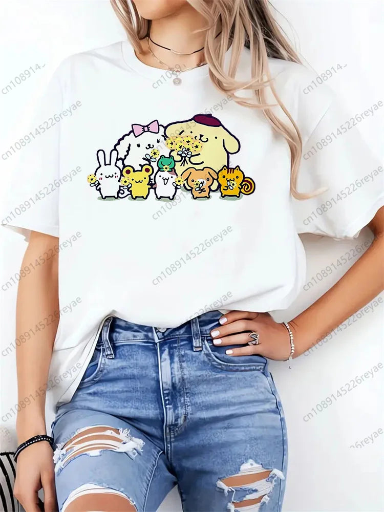 Women T Shirt Funny Pom Pom Purin Printed Tops Tee Female Short Sleeve Tshirt Harajuku Tee Shirts 90s Girls T-shirts