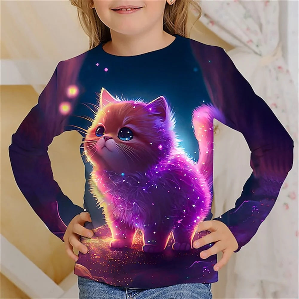 Girls Clothes for Kid Long Sleeve T-Shirt Children from 9 to 12 Years Cute Cartoon Cat Animal Printed Polyester Autumn Tee Shirt