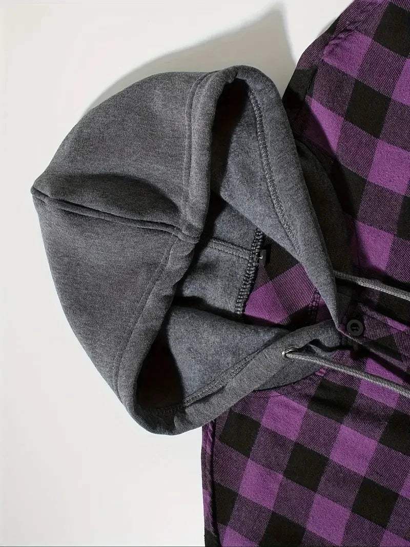 Youth Fashion Street Hooded Plaid Shirt Men's Slim Fit Long Sleeved Shirt Couple Travel Casual Shirt Men's Sports Shirt Jacket