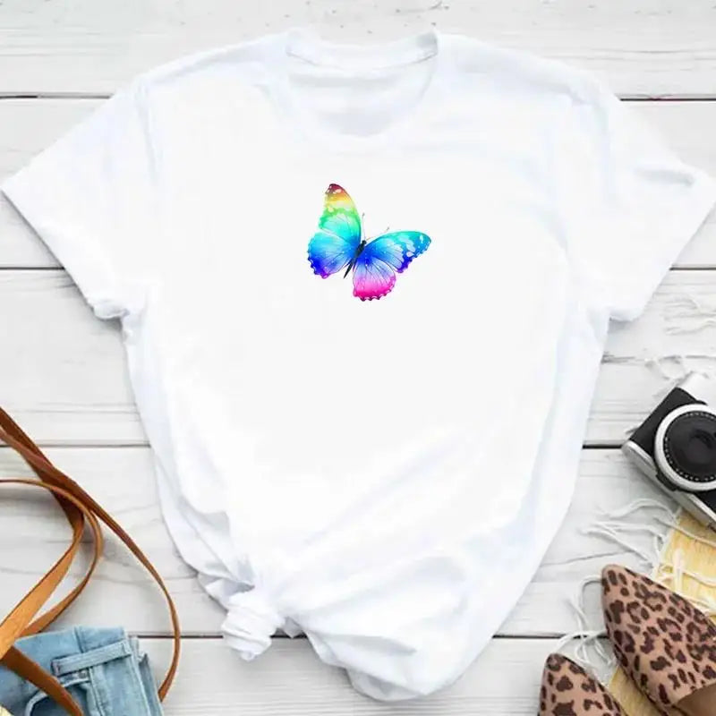 Fashion Women Men T Shirt Colorful Butterfly Petal Graphic Print T Shirt Casual Crew Neck Short Sleeve Plus Size T Shirt Unisex