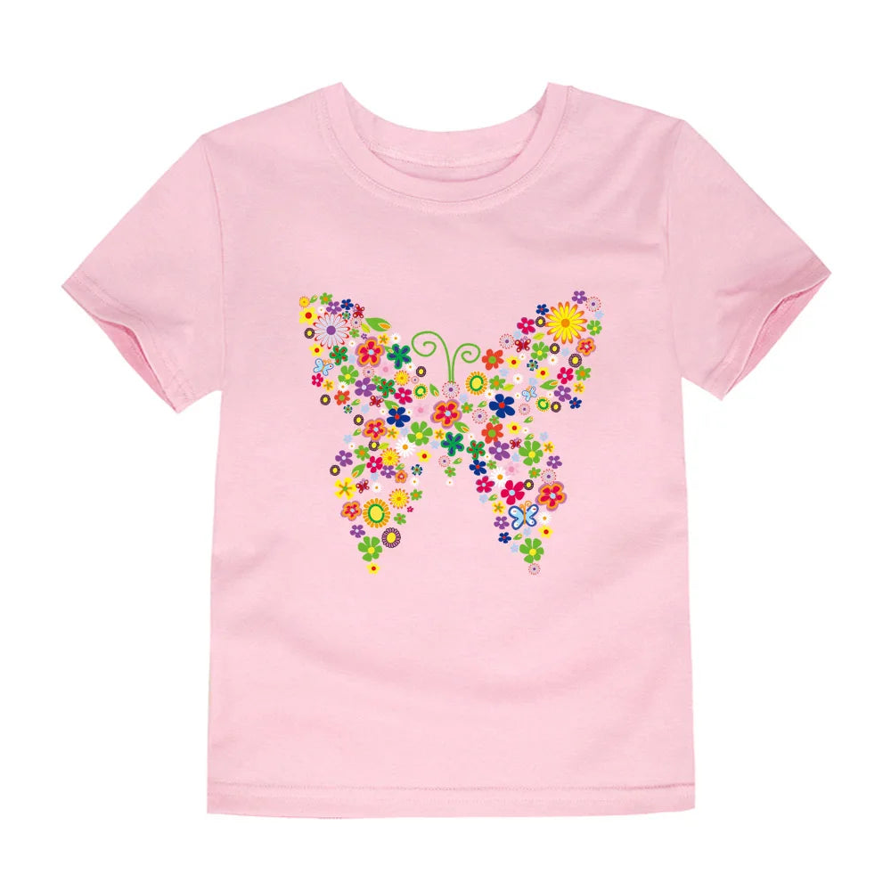 Girls Clothes 2 to 3 4 5 6 7 8 9 10 11 12 13 14 Years 100% Cotton 2024 Summer T Shirts Yellow Butterfly Floral Tee Shirt Tops