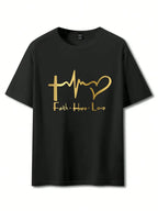 Men's Summer 100% Cotton Fashionable Casual Loose Large Size FAITH HOPE LOVE Printed Sports Round Neck Short Sleeve T-shirt Top