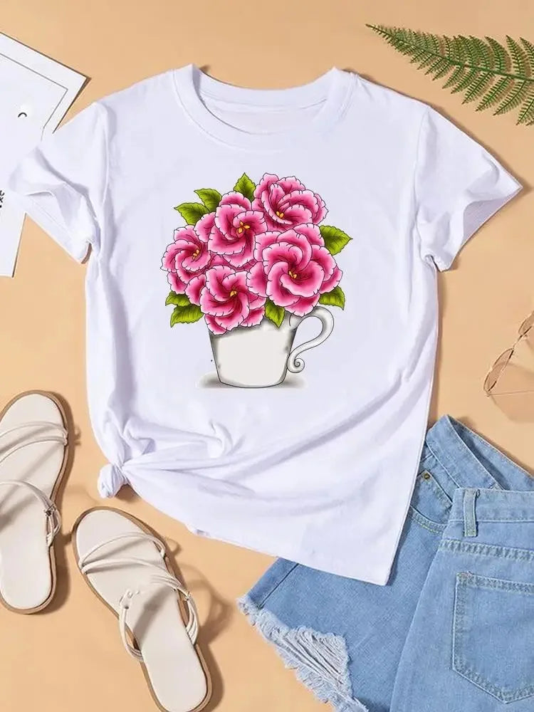 Graphic T-shirt Women Top Lady Female Shirt Tee Flower Carto Women Clothes Aesthetic Clothes Tops