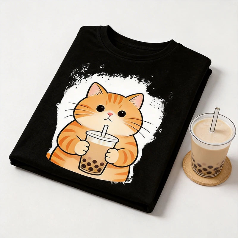 Women's Funny T Shirt with Yellow Cat and Tea Print Casual Graphic Tshirt Fashion Crew Neck Short Sleeve T-Shirt Tops Clothes