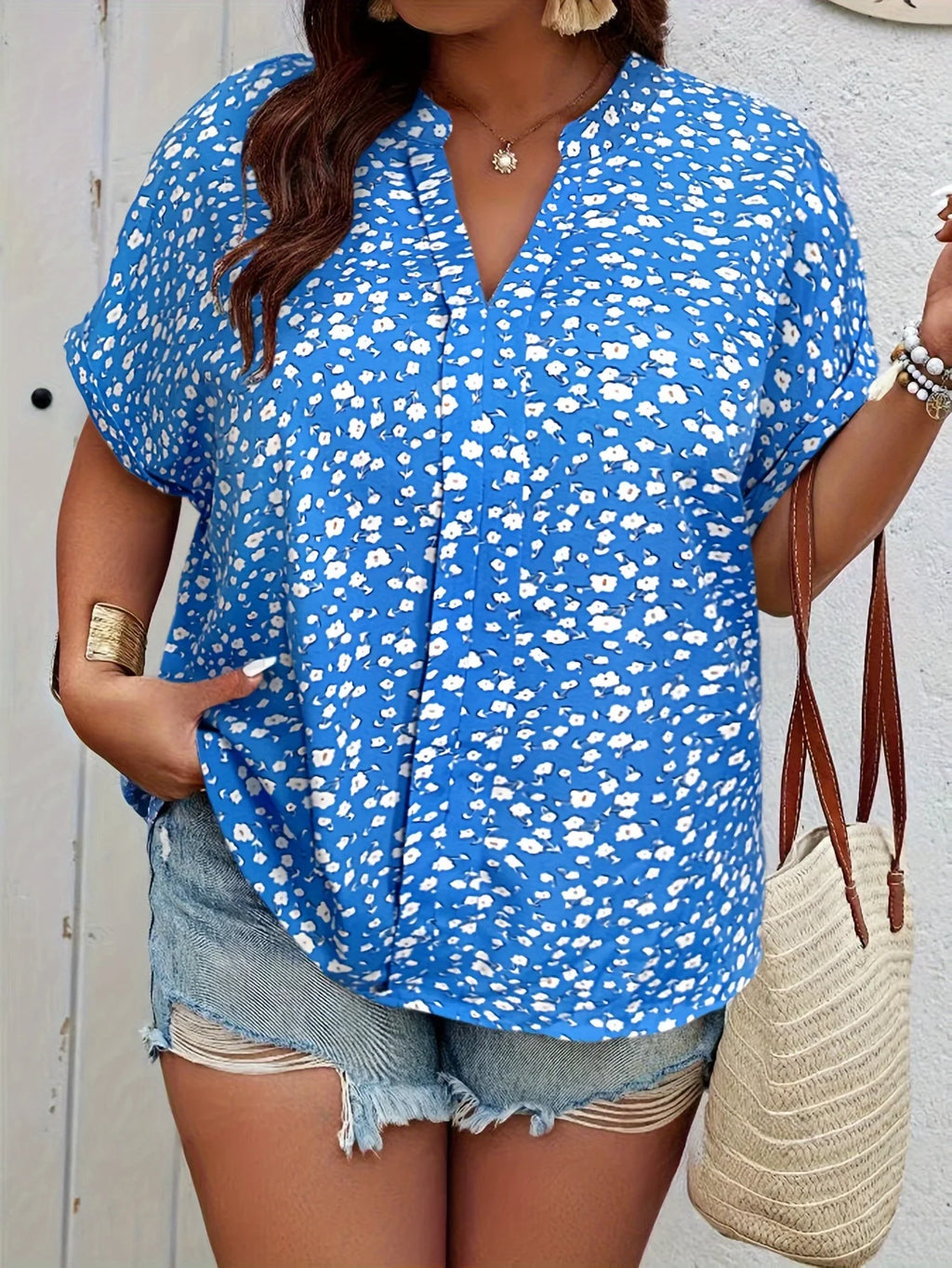 Plus Size Summer Floral Print Shirt for Women Casual Office Lady Fashionable European and American Style Loose Tops