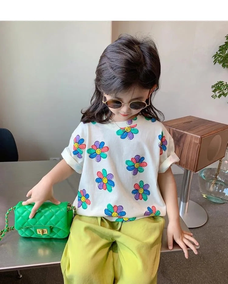 1pcs Summer Kids Flower Print Tops Clothes Girls Korean Style Shirt Children Short Sleeve T-shirts Child Casual Comfort T Shirs