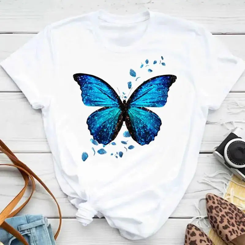Fashion Women Men T Shirt Colorful Butterfly Petal Graphic Print T Shirt Casual Crew Neck Short Sleeve Plus Size T Shirt Unisex