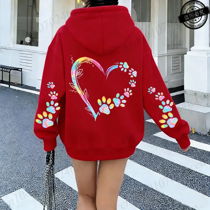 Heart Dog Paw Printed Hoodies Women Casual Fashion All Match Hoody Fleece Warm New Pullovers Harajuku Trend Hooded Sweatshirts