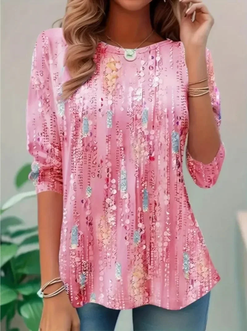 Women's Plus Size 1XL-5XL Fashion Quarter Sleeved Round Neck T-shirt Ladies Casual Top Spring Summer  Fashionable T-shirt