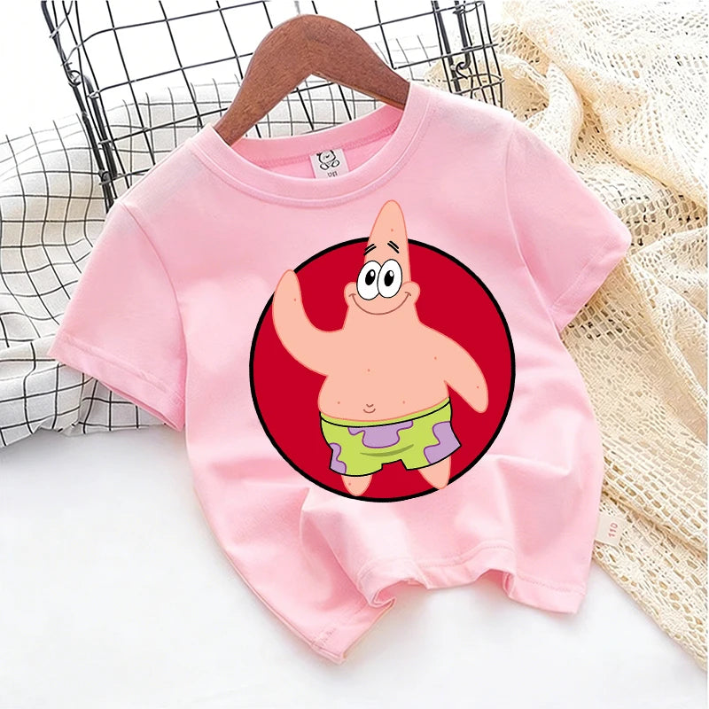 Cute SpongeBobs T-shirt Kids Anime Round Role Boys Girl Toddler Cotton Streetwear Tees Casual Short Sleeve Childern Clothes Tops