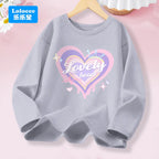 Kawaii Lovely Heart T-shirt for Girls - Cute Pink Purple Heart Print Long Sleeve Top, Kids Casual Cotton Basic Shirt