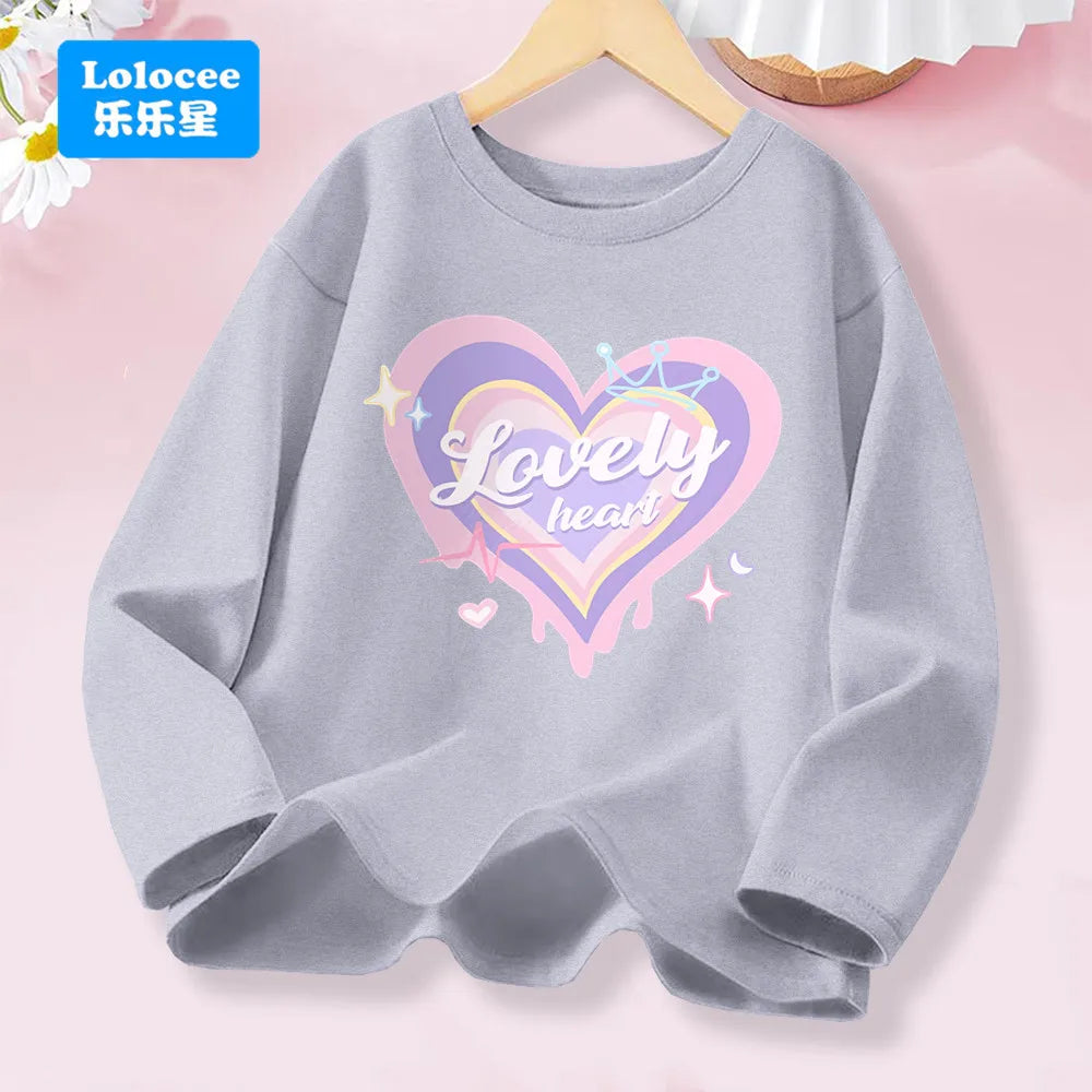 Kawaii Lovely Heart T-shirt for Girls - Cute Pink Purple Heart Print Long Sleeve Top, Kids Casual Cotton Basic Shirt