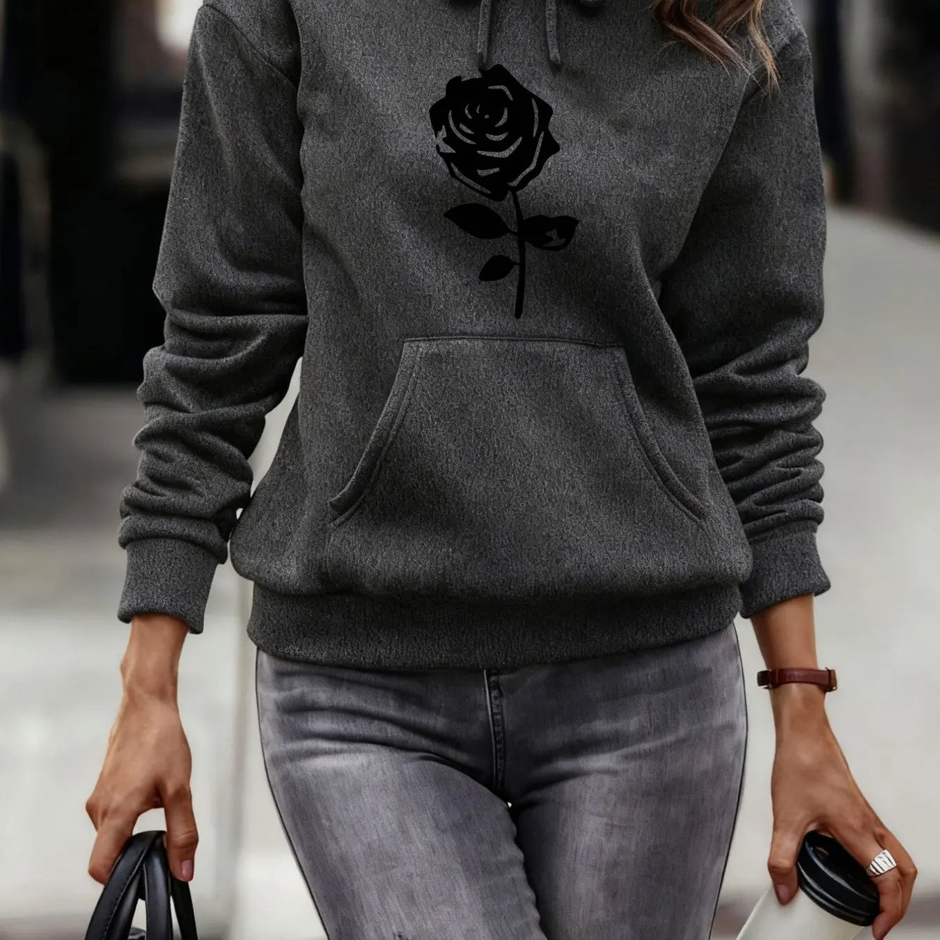Women's autumn and winter warm and loose casual heart-shaped printed velvet long sleeved hooded sweatshirt