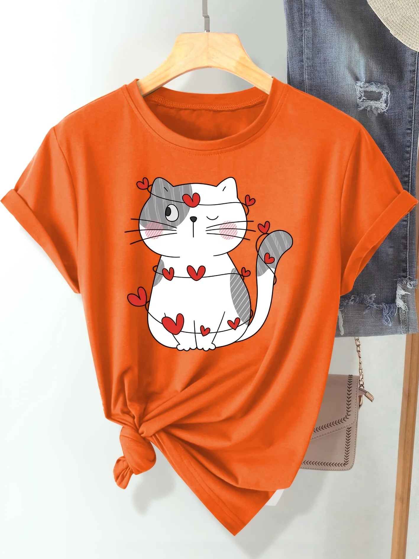 Heart Cat Women's Tee - Cute Graphic, Casual Beige Top